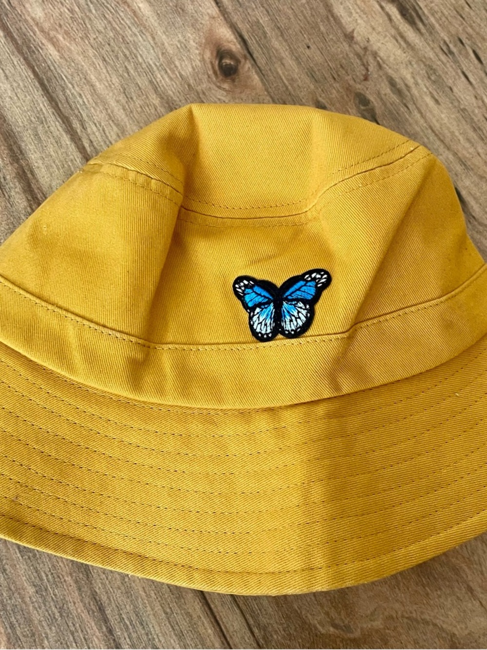 Yellow Bucket Hat with Blue Butterfly Patch